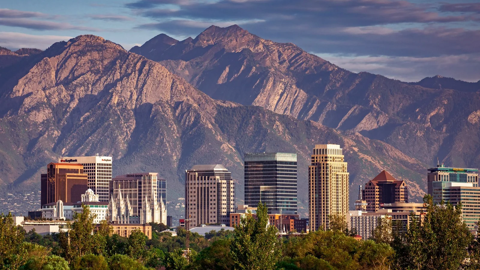 Downtown Salt Lake City skyline with the Wasatch Mountains in the background